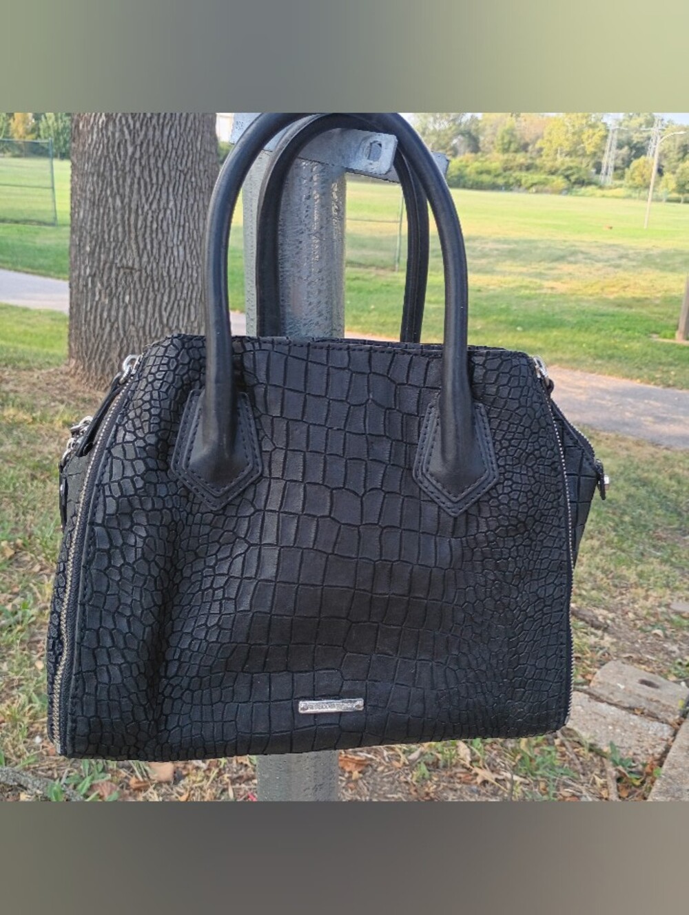Rebecca Minkoff Perry Satchel Purse Black Croc Leather